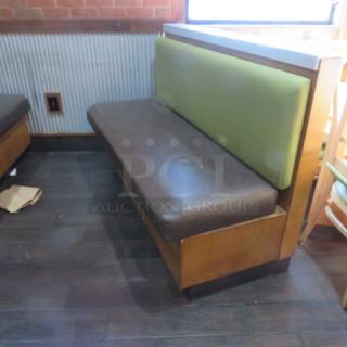 One Single Sided Wooden Boothe With A Green Cushioned Back And Brown Cushioned Seat, With A Marble Top. 60.5X27X41