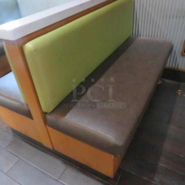 One Double Sided Wooden Booth With A Green Cushioned Back And Brown Cushioned Seat, With A Marble Top. 60.5X48X41 - Image 2 of 2