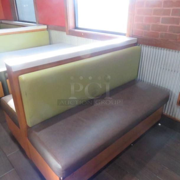 One Double Sided Wooden Booth With A Green Cushioned Back And Brown Cushioned Seat, With A Marble Top. 60.5X48X41 - Image 2 of 2