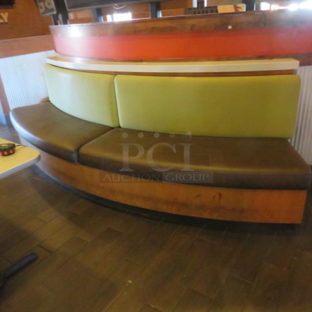 One Half Circle Wooden Bench With A Green Cushioned Back And  A Brown Cushioned Seat. 120X27X41 - Image 2 of 2