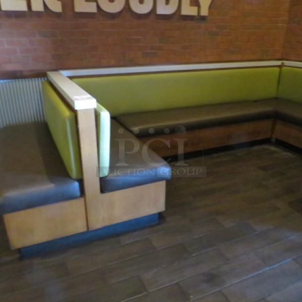 One Wooden Corner Booth  With A Green Cushioned Back And  A Brown Cushioned Seat. 157X27X41 - Image 2 of 3