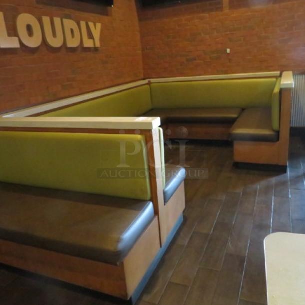 One Wooden Corner Booth  With A Green Cushioned Back And  A Brown Cushioned Seat. 157X27X41 - Image 3 of 3