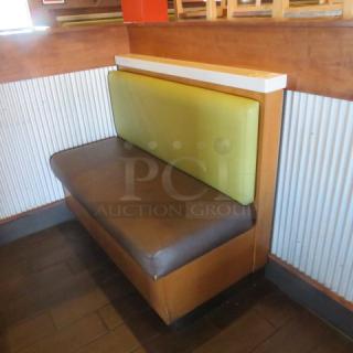 One Single Sided  Wooden Booth With A Green Cushioned Back And  A Brown Cushioned Seat,  And Marble Top. 48.5X27X41