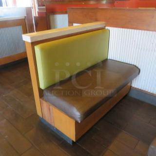 One Single Sided  Wooden Booth With A Green Cushioned Back And  A Brown Cushioned Seat, A Finished Back, And Marble Top. 48.5X27X41