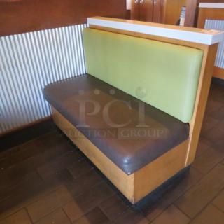 One Single Sided  Wooden Booth With A Green Cushioned Back And  A Brown Cushioned Seat, A Finished Back, And Marble Top. 48.5X27X41