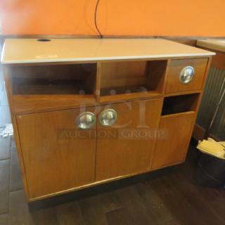 One Wooden Waitress Stand With A Marble Top And 1 Drawer And 2 Doors. 48X24X41