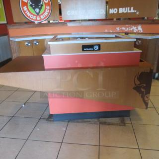 One Wooden Hostess Stand With 2 Doors, 1 Drawer, Trash Holder, And 2 Menu Holders. 78X36X46
