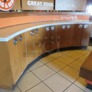 One Wall of 5 Wooden Cabinets With  10 Doors And A White Marble Top. 148X19X41
