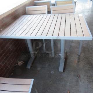 One Aluminum/Wood Patio Table With Dual Pedestal Base. 47.5X31.5X30