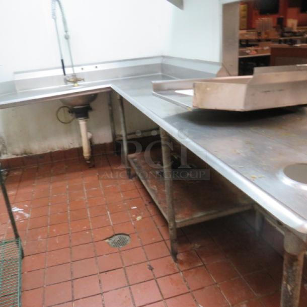 One Stainless Steel Dirty Side Dishwasher Table With Sink, Hose Sprayer, Trash Hole, And Under Shelf. Hole In Under Shelf See Pic. 120X71X44 - Image 1 of 5