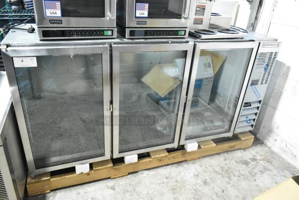 BRAND NEW SCRATCH AND DENT! Beverage Air BB72HC-1-G-S Stainless Steel Commercial 3 Door Back Bar Cooler Merchandiser. 115 Volts, 1 Phase. Tested and Working! - Image 1 of 6