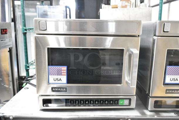 BRAND NEW SCRATCH AND DENT! 2023 Amana HDC18Y2 Stainless Steel Commercial Countertop Microwave Oven. 208/240 Volts, 1 Phase. - Image 1 of 5