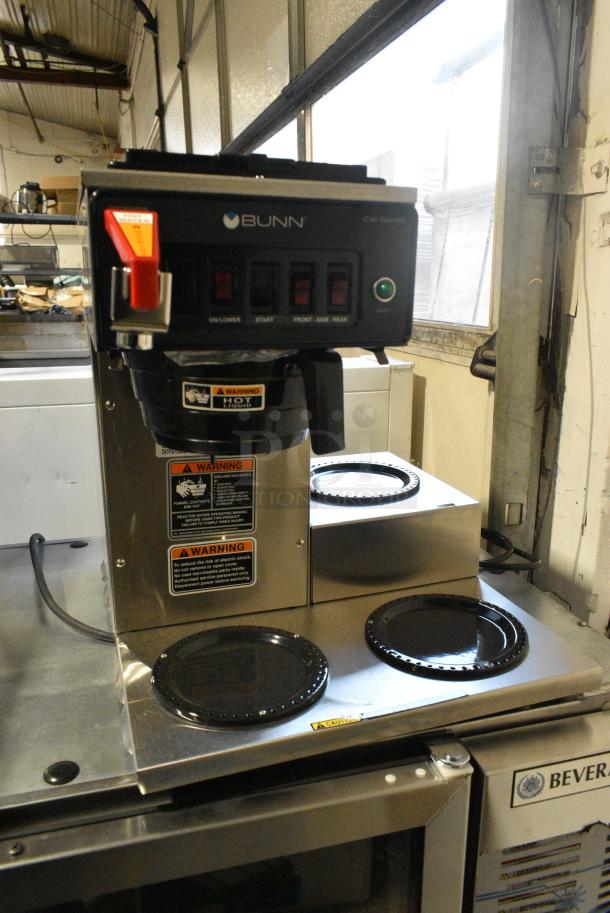 BRAND NEW SCRATCH AND DENT! 2024 Bunn CWTF15 Stainless Steel Commercial Countertop 12 Cup Automatic Coffee Brewer with 3 Lower Warmers and Hot Water Faucet and Poly Brew Basket. 120 Volts, 1 Phase. - Image 1 of 7