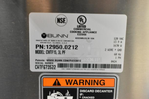 BRAND NEW SCRATCH AND DENT! 2024 Bunn CWTF15 Stainless Steel Commercial Countertop 12 Cup Automatic Coffee Brewer with 3 Lower Warmers and Hot Water Faucet and Poly Brew Basket. 120 Volts, 1 Phase. - Image 7 of 7