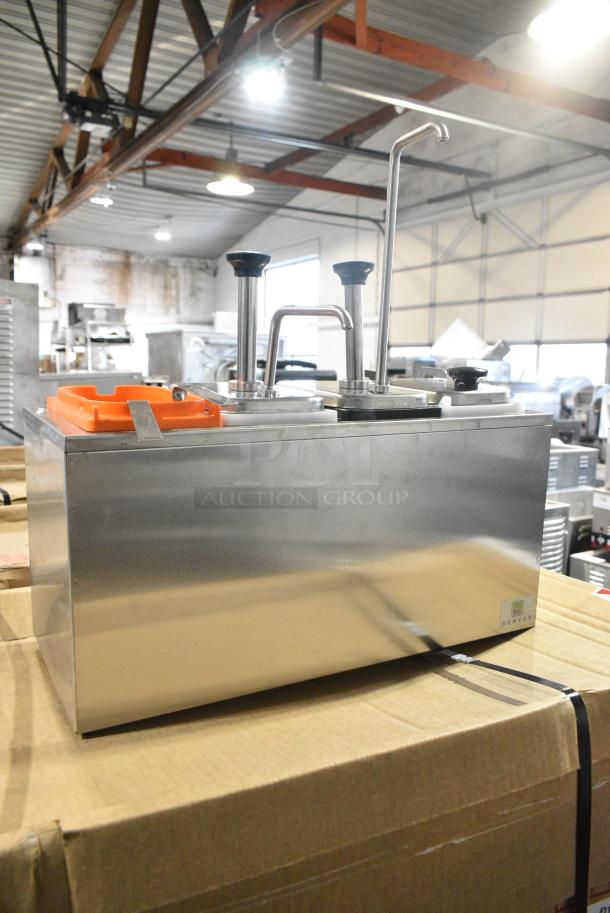 BRAND NEW SCRATCH AND DENT! Server SR-4 Stainless Steel Commercial Countertop Pump Dispenser with 4 Fountain Jars and 4 Stainless Steel Pumps - Image 1 of 8