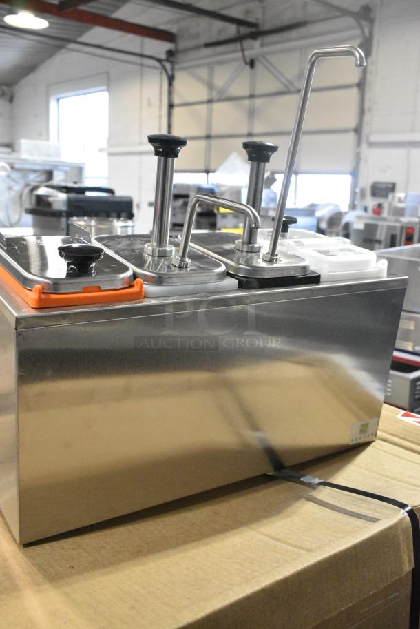 BRAND NEW SCRATCH AND DENT! Server SR-4 Stainless Steel Commercial Countertop Pump Dispenser with 4 Fountain Jars and 4 Stainless Steel Pumps - Image 8 of 8