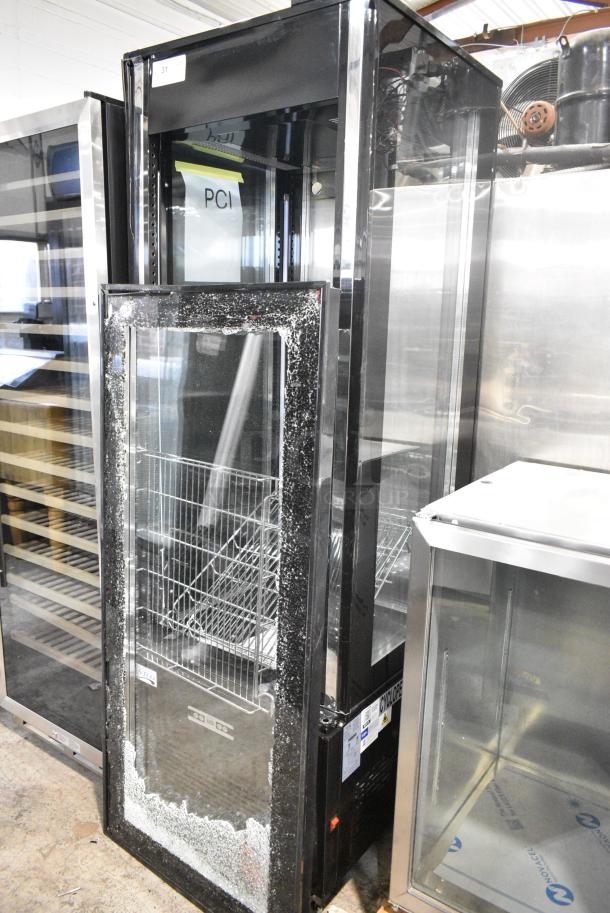 BRAND NEW SCRATCH AND DENT! Avantco 193GD4C15HCB Metal Commercial Single Door Reach In Cooler Merchandiser on Commercial Casters. See Pictures for Broken Glass Door. 115 Volts, 1 Phase. Tested and Working! - Image 1 of 8