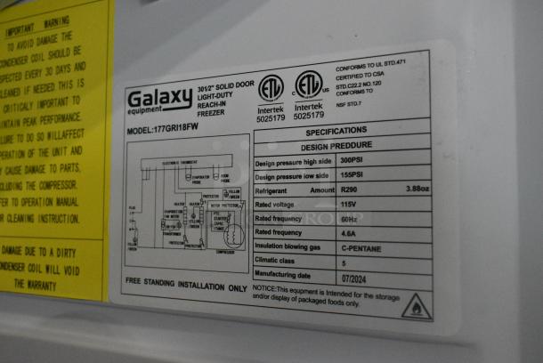 BRAND NEW SCRATCH AND DENT! Galaxy 177GRI18FW Metal Commercial Single Door Reach In Freezer on Commercial Casters. 115 Volts, 1 Phase. Tested and Working! - Image 6 of 6