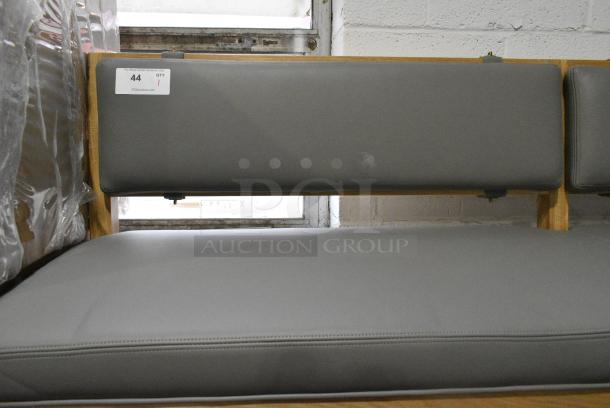 BRAND NEW SCRATCH AND DENT! Wooden Single Sided Bench w/ Gray Seat Cushions. Stock Picture Used. - Image 3 of 4