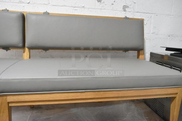 BRAND NEW SCRATCH AND DENT! Wooden Single Sided Bench w/ Gray Seat Cushions. Stock Picture Used. - Image 4 of 4