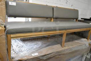 BRAND NEW SCRATCH AND DENT! Wooden Single Sided Bench w/ Gray Seat Cushions.