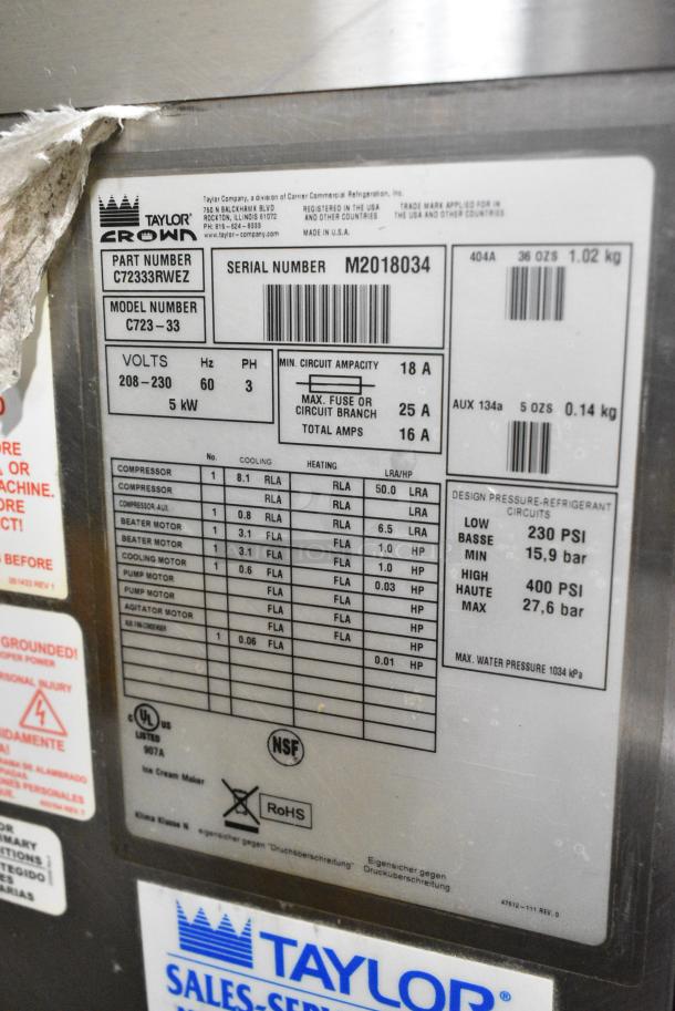 Taylor C723-33 Stainless Steel Commercial Floor Style Water Cooled 2 Flavor w/ Twist Soft Serve Ice Cream Machine on Commercial Casters. 208-230 Volts, 3 Phase. - Image 9 of 9