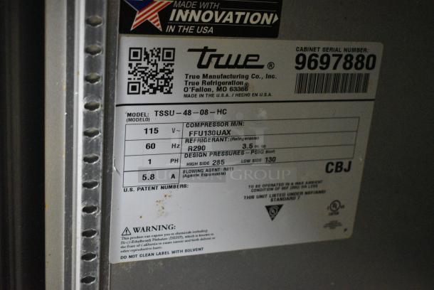 2019 True TSSU-48-08-HC Stainless Steel Commercial Sandwich Salad Prep Table Bain Marie Mega Top on Commercial Casters. 115 Volts, 1 Phase. Tested and Working! - Image 9 of 9