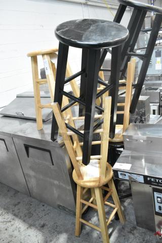 7 Various Wood Pattern Bar Stools; Light Wood Finish and Black Finish. 7 Times Your Bid!