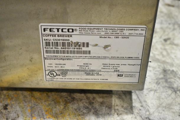 2019 Fetco CBS-52H20 Stainless Steel Commercial Countertop Double Coffee Machine w/ Hot Water Dispenser. 120/208-240 Volts, 1 Phase. - Image 8 of 8