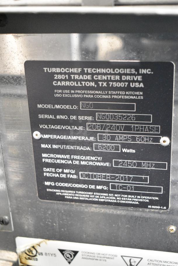 2017 Turbochef NGO Metal Commercial Countertop Electric Powered Rapid Cook Oven. 208/240 Volts, 1 Phase. - Image 5 of 5