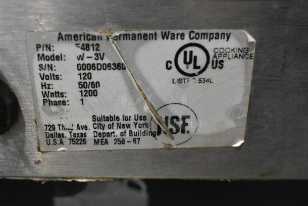 American Permanent Ware W-3V Stainless Steel Commercial Countertop Food Warmer. 120 Volts, 1 Phase. Tested and Working! - Image 3 of 4