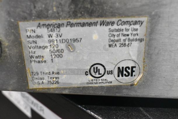 American Permanent Ware W-3V Stainless Steel Commercial Countertop Food Warmer. 120 Volts, 1 Phase. Cannot Test Due To Cut Power Cord - Image 3 of 4