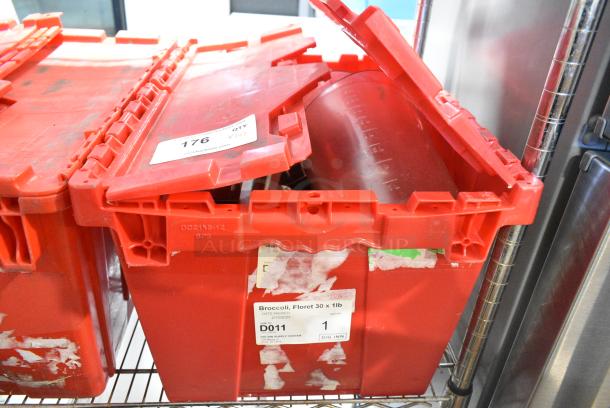 ALL ONE MONEY! Lot of Red Poly Bin w/ Contents Including Clear Poly Pitcher, Adapters. - Image 2 of 3