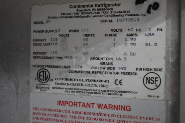 Continental 2F Stainless Steel Commercial 2 Door Reach In Freezer. 115 Volts, 1 Phase. Cannot Test Due To Cut Power Cord - Image 5 of 6