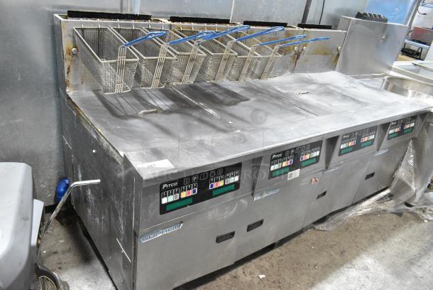 Pitco Frialator SSH60W Stainless Steel Commercial Floor Style Natural Gas Powered 4 Bay Deep Fat Fryer w/ 6 Metal Fry Baskets on Commercial Casters. 100,000 BTU. - Image 1 of 9