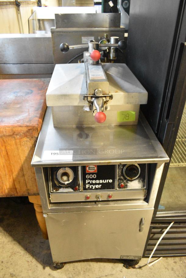 Henny Penny 600 Stainless Steel Commercial Floor Style Natural Gas Powered Pressure Fryer on Commercial Casters. 80,000 BTU. - Image 1 of 8