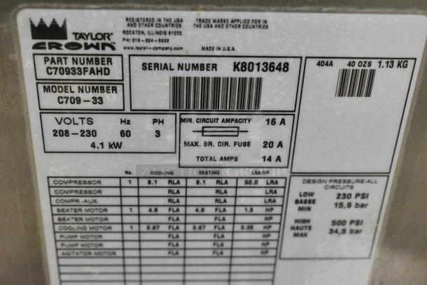 Taylor C709-33 Stainless Steel Commercial Countertop Air Cooled Single Flavor Soft Serve Ice Cream Machine. 208-230 Votls, 3 Phase. - Image 5 of 6