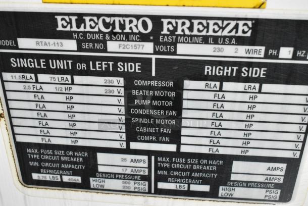 Electro Freeze RTA1-113 Stainless Steel Commercial Floor Style Air Cooled Single Flavor Frozen Beverage Machine on Commercial Casters. 230 Volts, 1 Phase. - Image 4 of 6