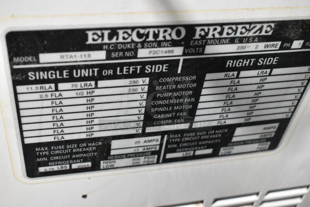 Electro Freeze RTA1-113 Stainless Steel Commercial Floor Style Air Cooled Single Flavor Frozen Beverage Machine on Commercial Casters. 230 Volts, 1 Phase. - Image 4 of 5