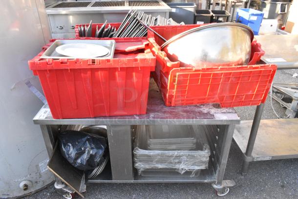 Stainless Steel Equipment Stand on Commercial Casters w/ Contents Including Metal Bowls, Baking Pans and Clear Poly Bins. - Image 1 of 4