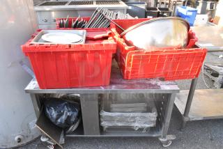 Stainless Steel Equipment Stand on Commercial Casters w/ Contents Including Metal Bowls, Baking Pans and Clear Poly Bins.