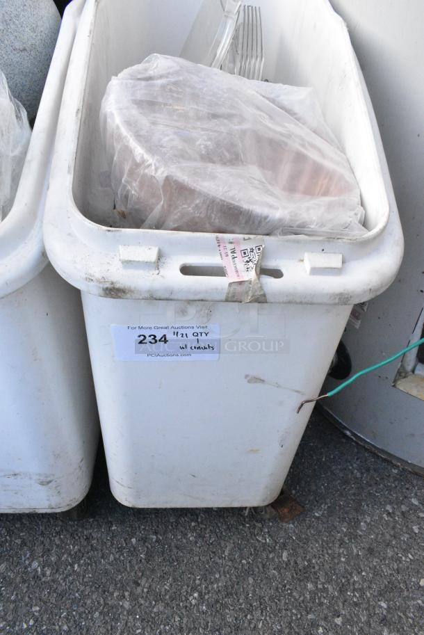 White Poly Ingredient Bin on Commercial Casters w/ Contents Including Stainless Steel Drop In Bins. - Image 1 of 3