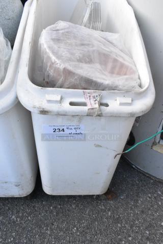 White Poly Ingredient Bin on Commercial Casters w/ Contents Including Stainless Steel Drop In Bins.