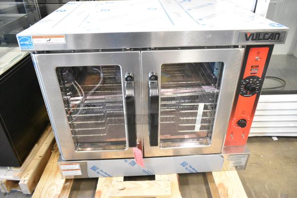 BRAND NEW SCRATCH AND DENT! Vulcan VC4GD-11D150K Stainless Steel Commercial Natural Gas Powered Full Size Convection Oven w/ View Through Doors, Metal Oven Racks and Thermostatic Controls. Tested and Working! - Image 1 of 5