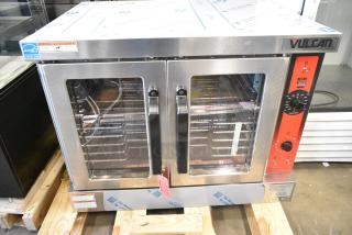 BRAND NEW SCRATCH AND DENT! Vulcan VC4GD-11D150K Stainless Steel Commercial Natural Gas Powered Full Size Convection Oven w/ View Through Doors, Metal Oven Racks and Thermostatic Controls. Tested and Working!