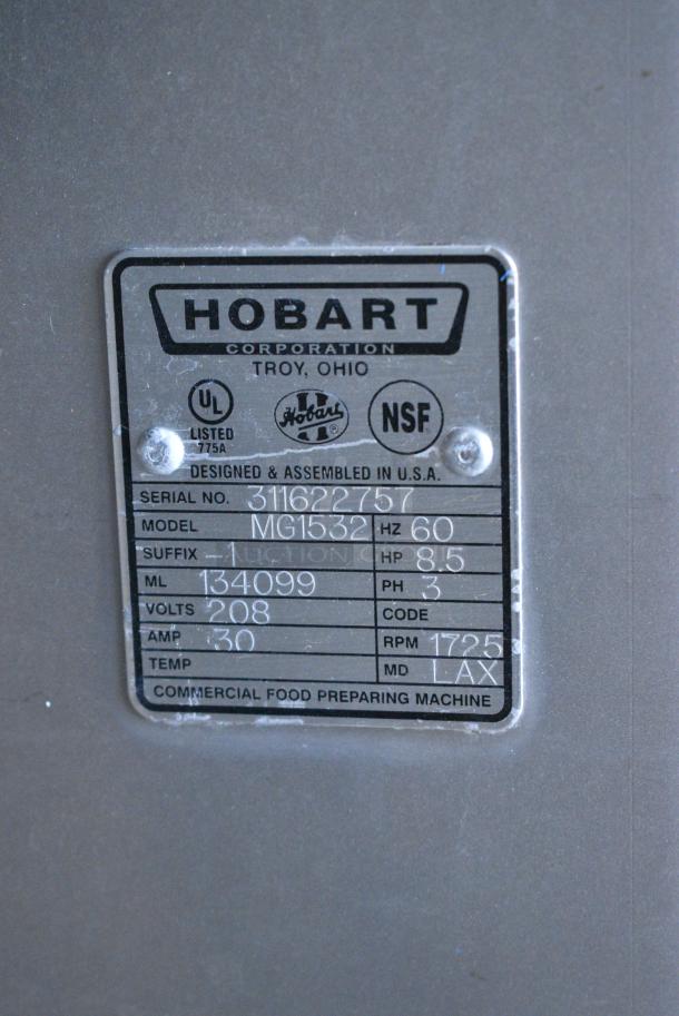 2021 Hobart MG1532 Metal Commercial Floor Style Meat Mixer Grinder on Commercial Casters. 208 Volts, 3 Phase. - Image 10 of 10