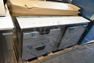 BRAND NEW SCRATCH AND DENT! Beverage Air SPED60HC-16-2 Stainless Steel 1 Door 2 Drawer Refrigerated Sandwich Salad Prep Table Bain Marie Mega Top. 115 Volts, 1 Phase. Tested and Working!
