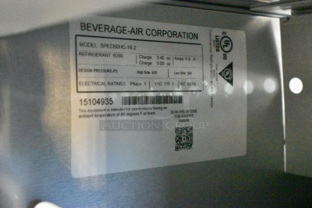 BRAND NEW SCRATCH AND DENT! Beverage Air SPED60HC-16-2 Stainless Steel 1 Door 2 Drawer Refrigerated Sandwich Salad Prep Table Bain Marie Mega Top. 115 Volts, 1 Phase. Tested and Working! - Image 10 of 10