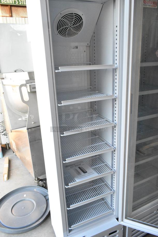 BRAND NEW SCRATCH AND DENT! Galaxy 177GDN5RBW Metal Commercial Single Door Reach In Cooler Merchandiser with Red, White, and Blue LED Lighting. 110-120 Volts, 1 Phase. Tested and Working! - Image 3 of 5