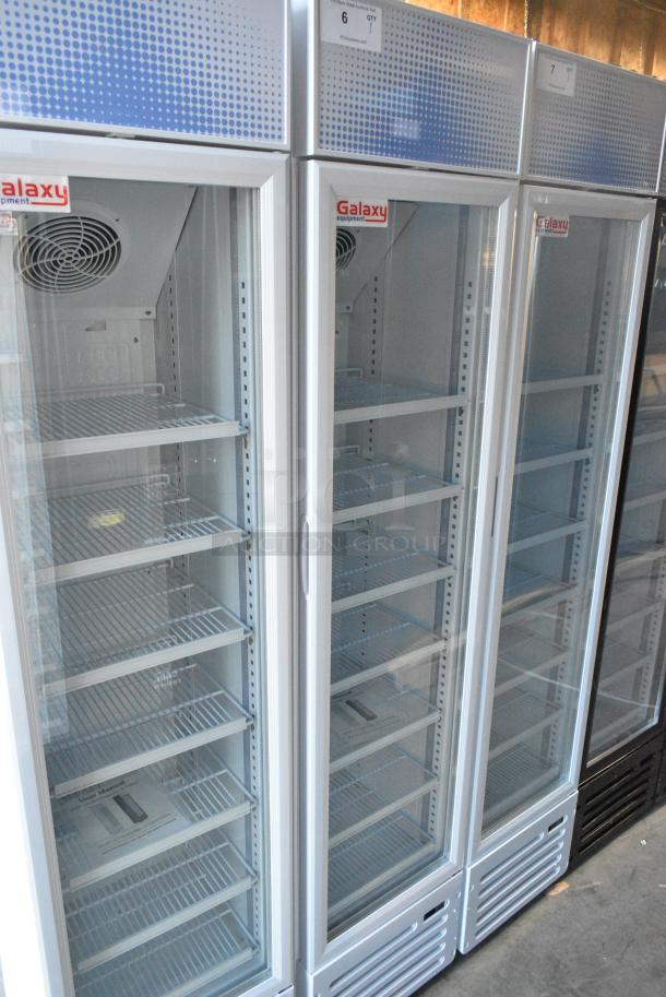 BRAND NEW SCRATCH AND DENT! Galaxy 177GDN5RBW Metal Commercial Single Door Reach In Cooler Merchandiser with Red, White, and Blue LED Lighting. 110-120 Volts, 1 Phase. Tested and Working! - Image 1 of 5